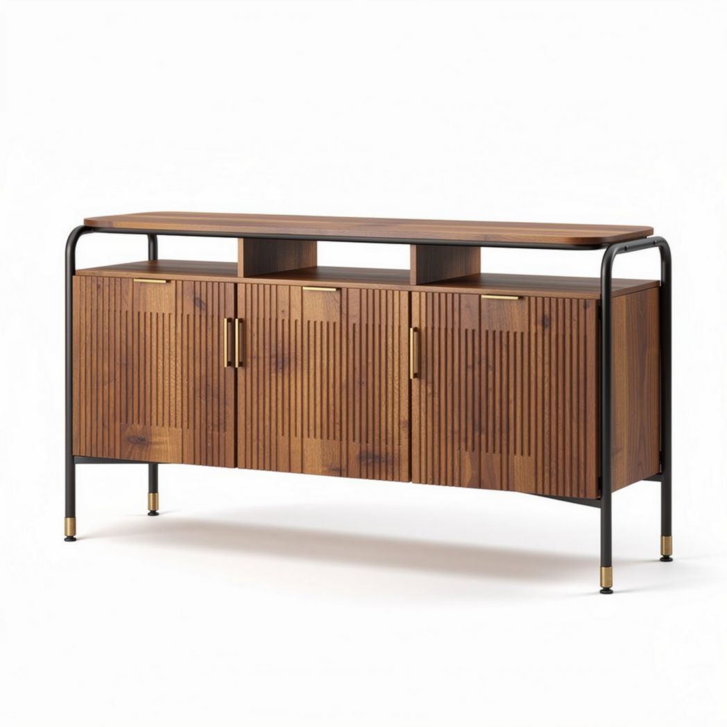 Houten dressoir met metalen frame en drie opbergvakken 120 x 40 x 75cm