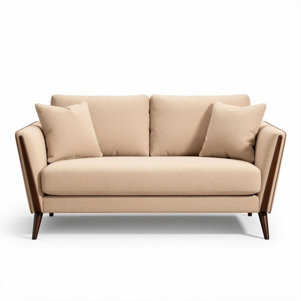 Tweekleurige bank van stof met houten poten en kussens 200 x 90 x 80cm