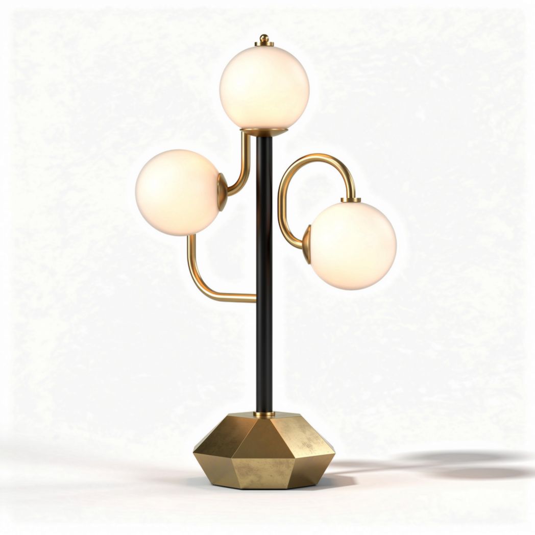 Tafellamp met drie glazen bollen en een metalen basis in goudkleur 30 x 30 x 70cm