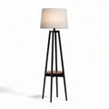 Vloerlamp met stoffen kap en houten tafelblad 25 x 25 x 150 cm zwart en beige
