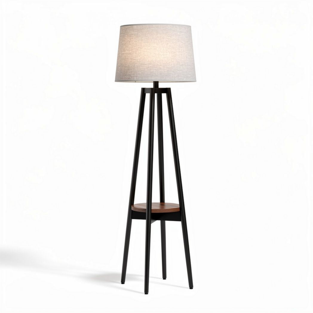 Vloerlamp met stoffen kap en houten tafelblad 25 x 25 x 150 cm zwart en beige