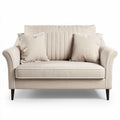 Tweezitsbank in lichtbeige stof met kussens en afmetingen 150 x 80 x 85cm