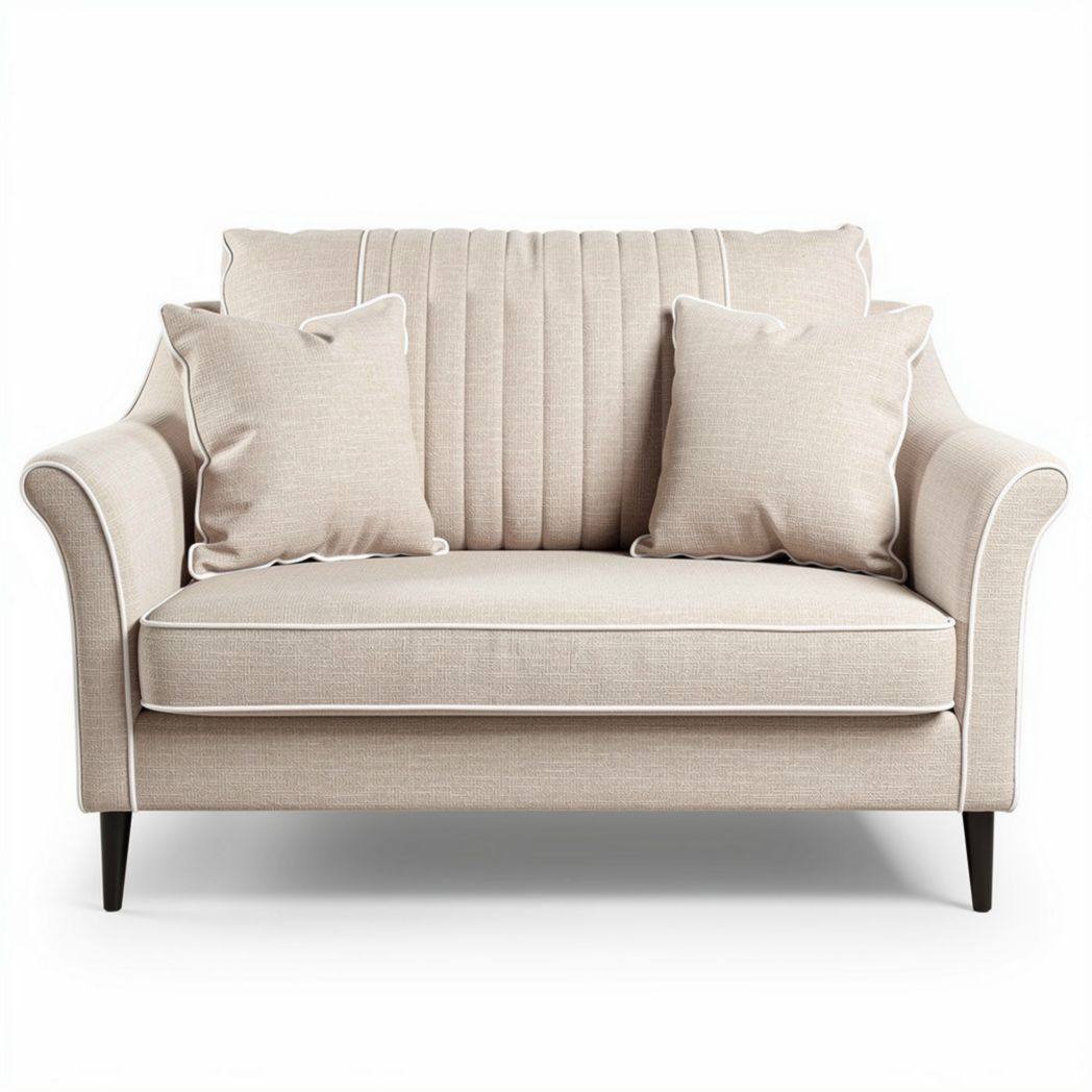 Tweezitsbank in lichtbeige stof met kussens en afmetingen 150 x 80 x 85cm